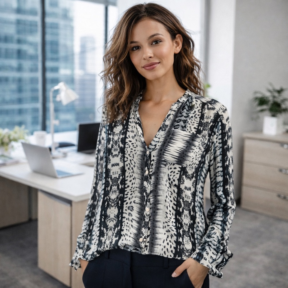 Parker Black & White Printed V-Neck Blouse